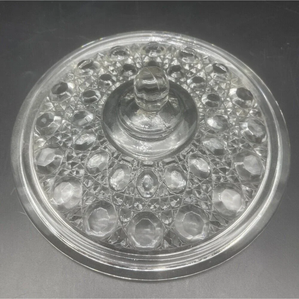 VTG Indiana Glass Clear Windsor Button & Cane Pattern Covered Candy Dish 7.5”‎